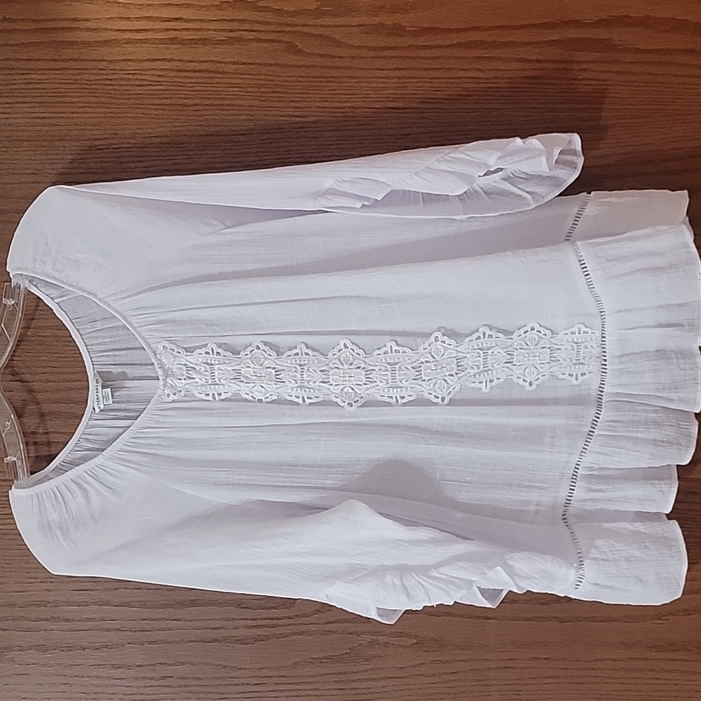 COUNTER PARTS White Peasant Top Blouse Crinkle Crochet 3/4 Sleeve Beach Top XL